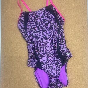 Speedo Purple Leopard Print One Piece Swimsuit | Pink Trim | Size 10 / 36
